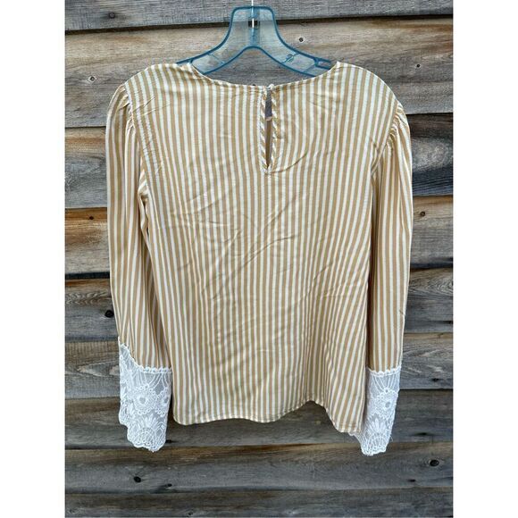 H&M size 10 mustard yellow striped top with bell sleeves wide lace cuffs - Picture 9 of 10